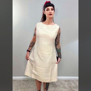 60s Beige Taupe Ribbon Sheath Dress Bodycon Mod MCM Formal Pinup Rockabilly M L